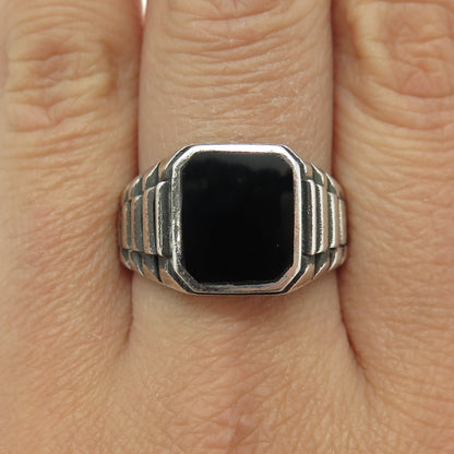 925 Sterling Silver Vintage Real Black Onyx Oxidized Chain Ring Size 10.25