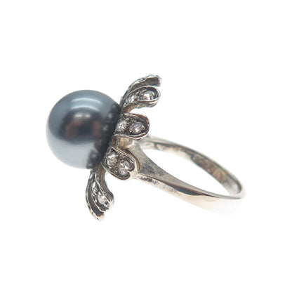 DBJ DEE BERKLE 925 Sterling Silver Vintage Faux Pearl & C Z Flower Ring Size 5.5