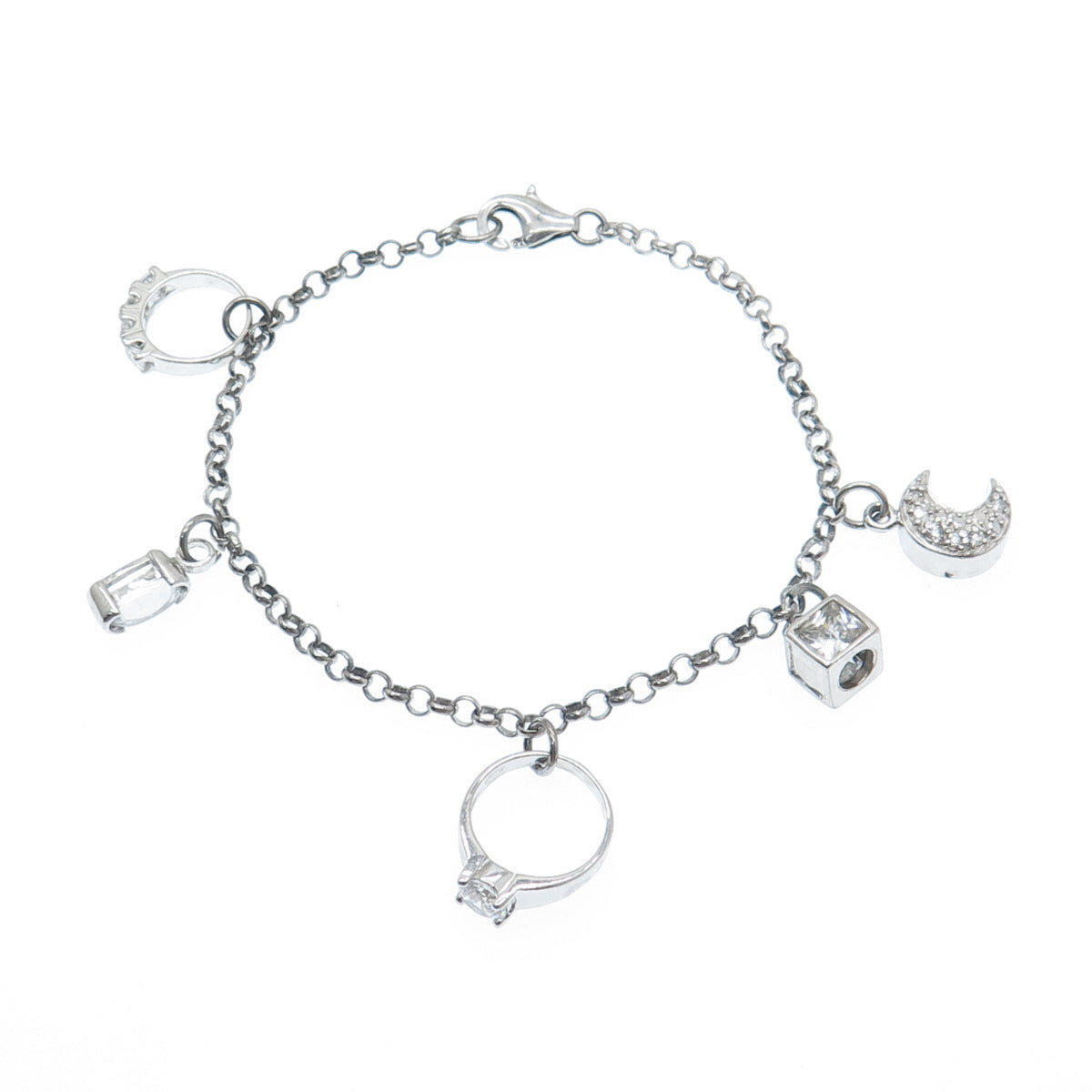 925 Sterling Vintage Round & Princess-Cut C Z Wedding Charms Rolo Bracelet 7.25"