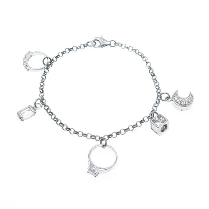 925 Sterling Vintage Round & Princess-Cut C Z Wedding Charms Rolo Bracelet 7.25"