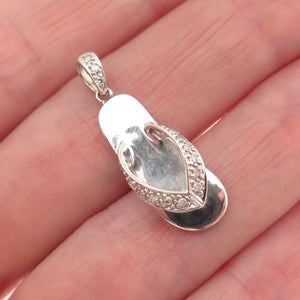 925 Sterling Silver Real Round-Cut Diamond Flip Flop 3D Mini Charm Pendant