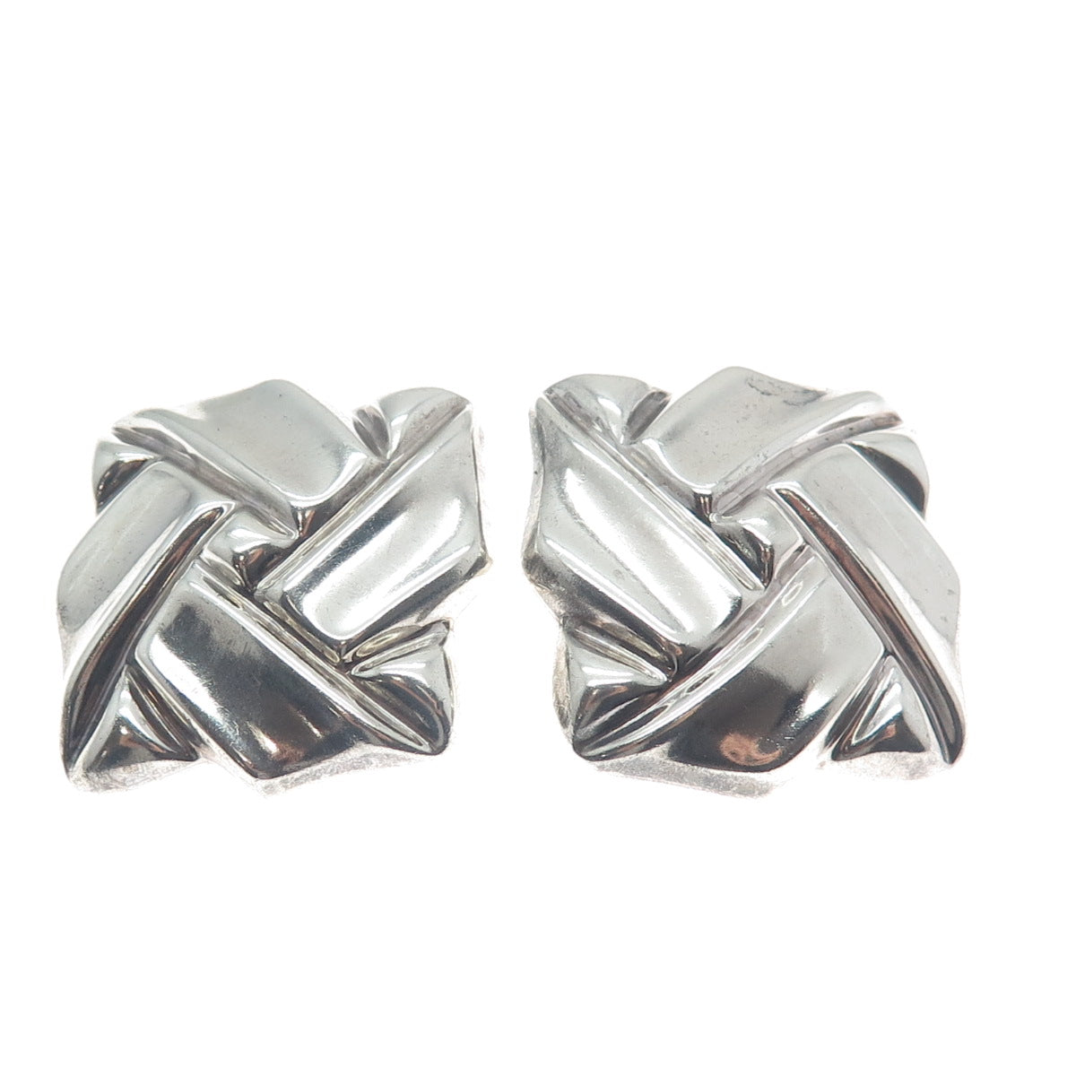 925 Sterling Silver Vintage Mexico Modernist Square Knot Clip On Earrings