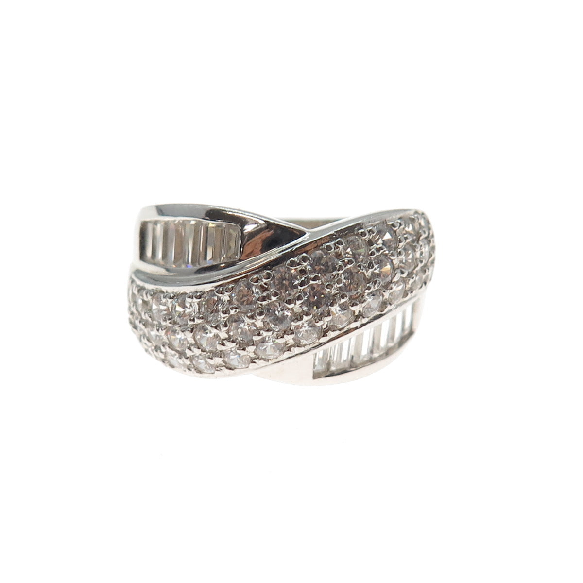 ROSS SIMONS Sterling Silver Emerald & Round-Cut C Z Crisscross Ring Size 7.25