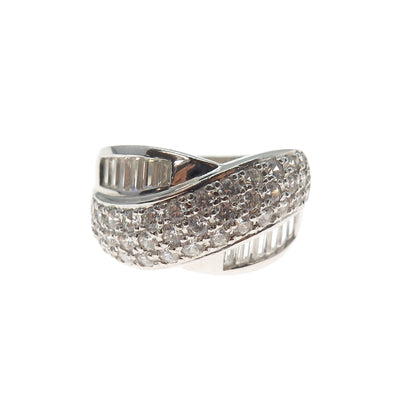 ROSS SIMONS Sterling Silver Emerald & Round-Cut C Z Crisscross Ring Size 7.25