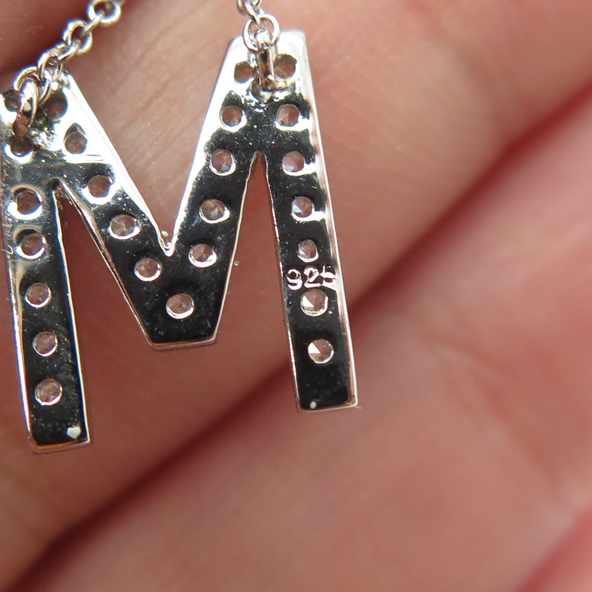 925 Sterling Silver C Z Letter "M" Initial Rolo Chain Necklace 16-18"