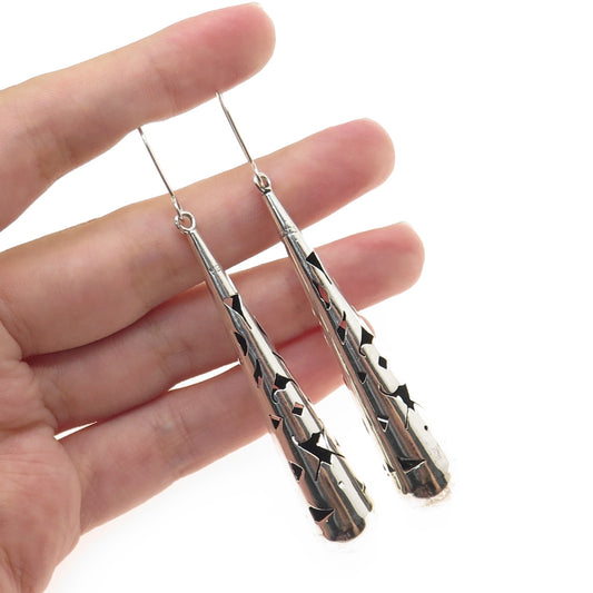 925 Sterling Silver Vintage Mexico Shadow Box Teardrop Dangle Earrings