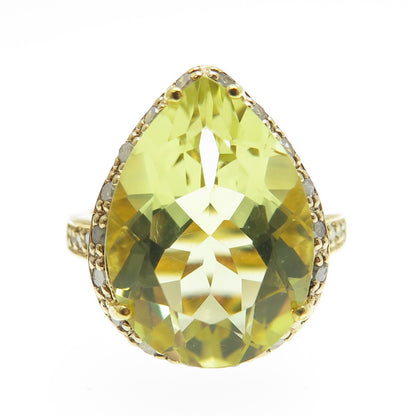 925 Sterling Silver Gold Plated Real Round-Cut Diamond & Citrine Ring Size 8.25