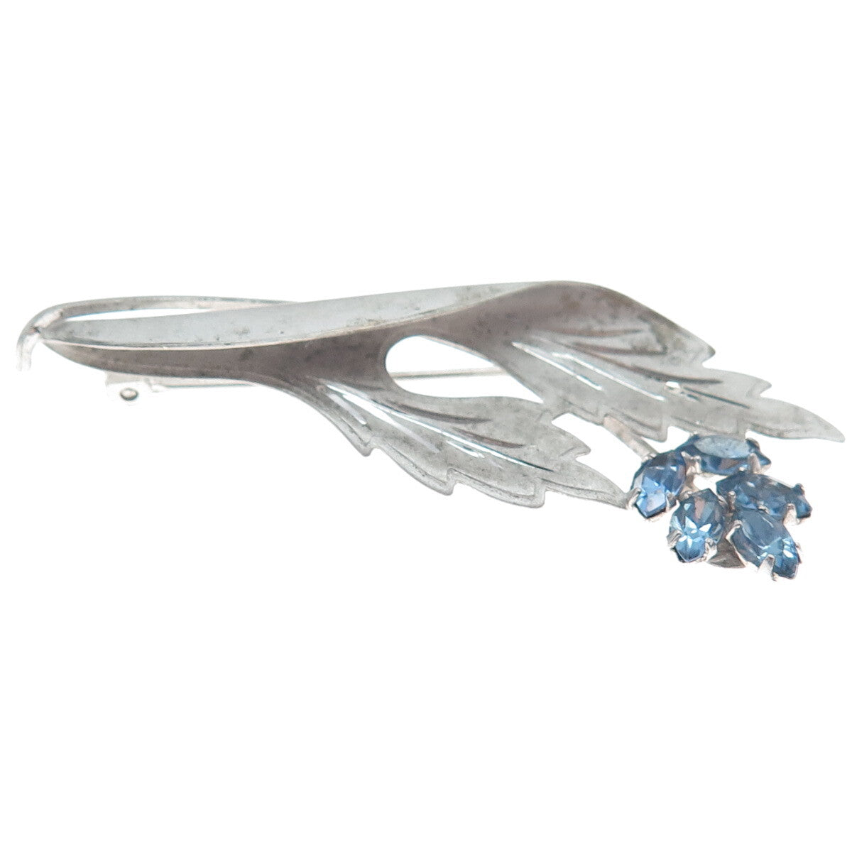 CURTIS CURTMAN 925 Sterling Silver Vintage Blue Rhinestone Flower Leaf Brooch