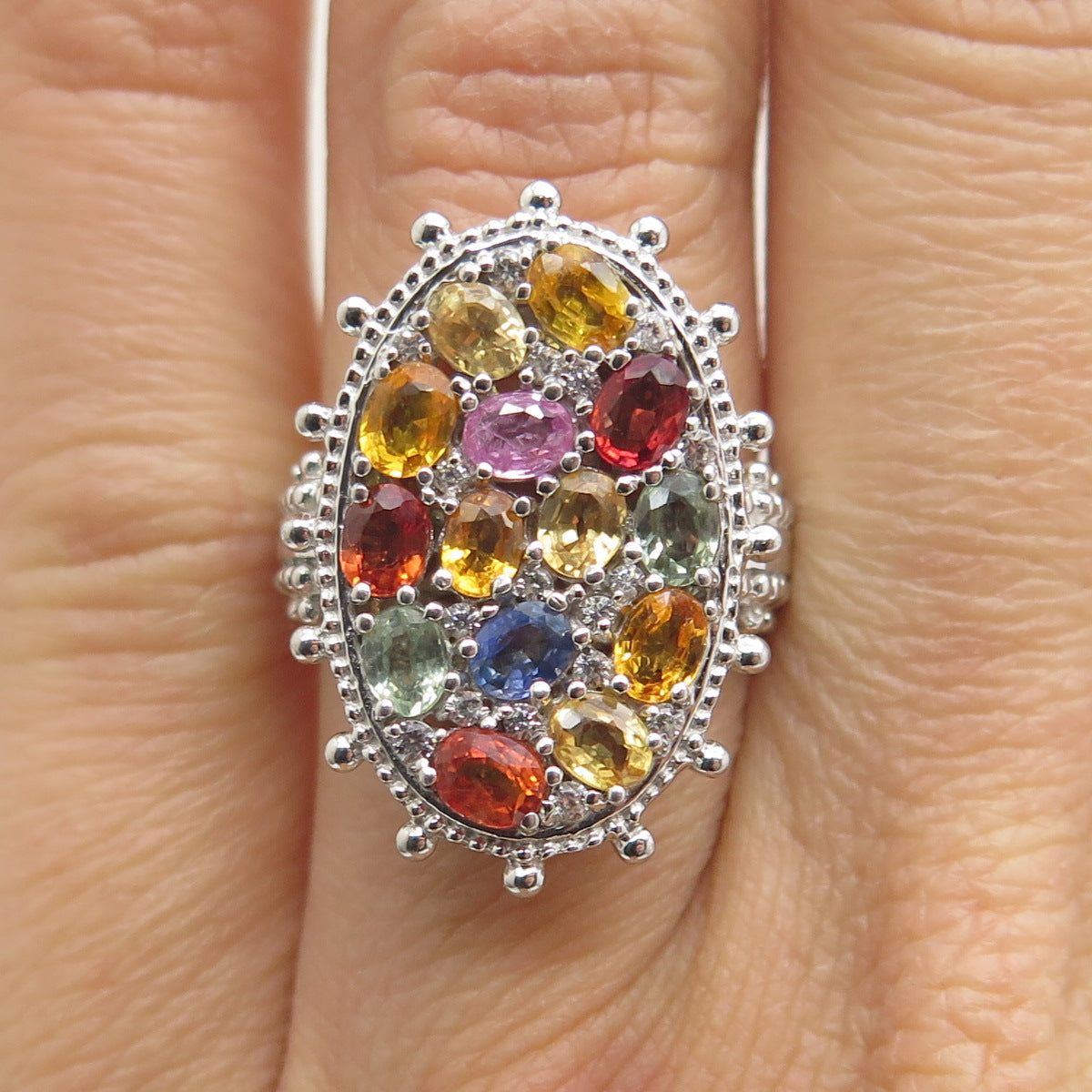 925 Sterling Silver Real Multi-Color Sapphire Cluster Ring Size 5.25