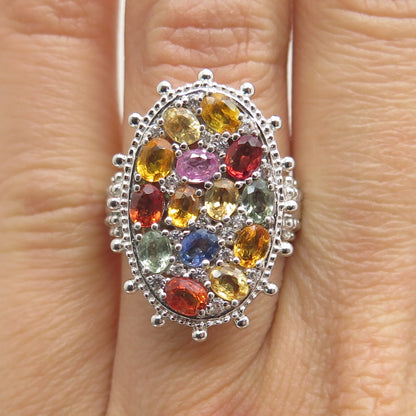 925 Sterling Silver Real Multi-Color Sapphire Cluster Ring Size 5.25