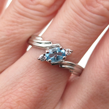 925 Sterling Silver Real Blue Topaz & C Z Bypass Ring Size 8.5