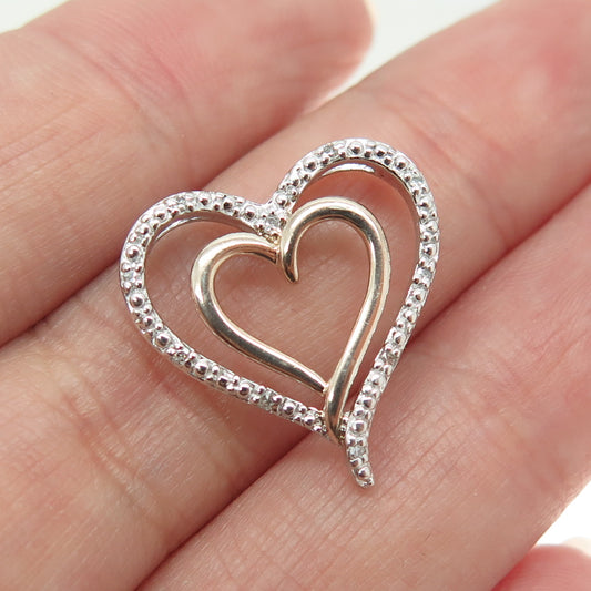 925 Sterling Silver 2-Tone Real Round-Cut Diamond Heart Slide Pendant