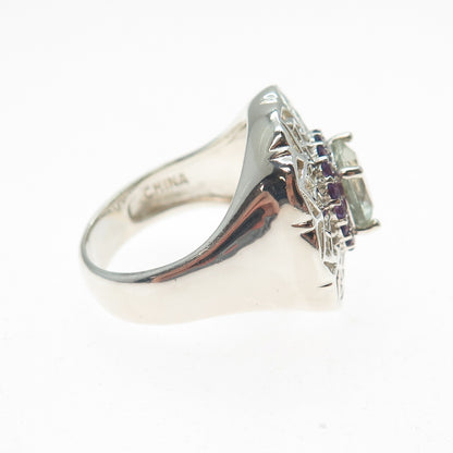 ROSS SIMONS 925 Sterling Silver Real Aquamarine & Amethyst Flower Ring Size 7.25