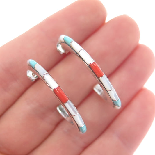 925 Sterling Silver Vintage Southwestern Real Turquoise Coral MOP Hoop Earrings