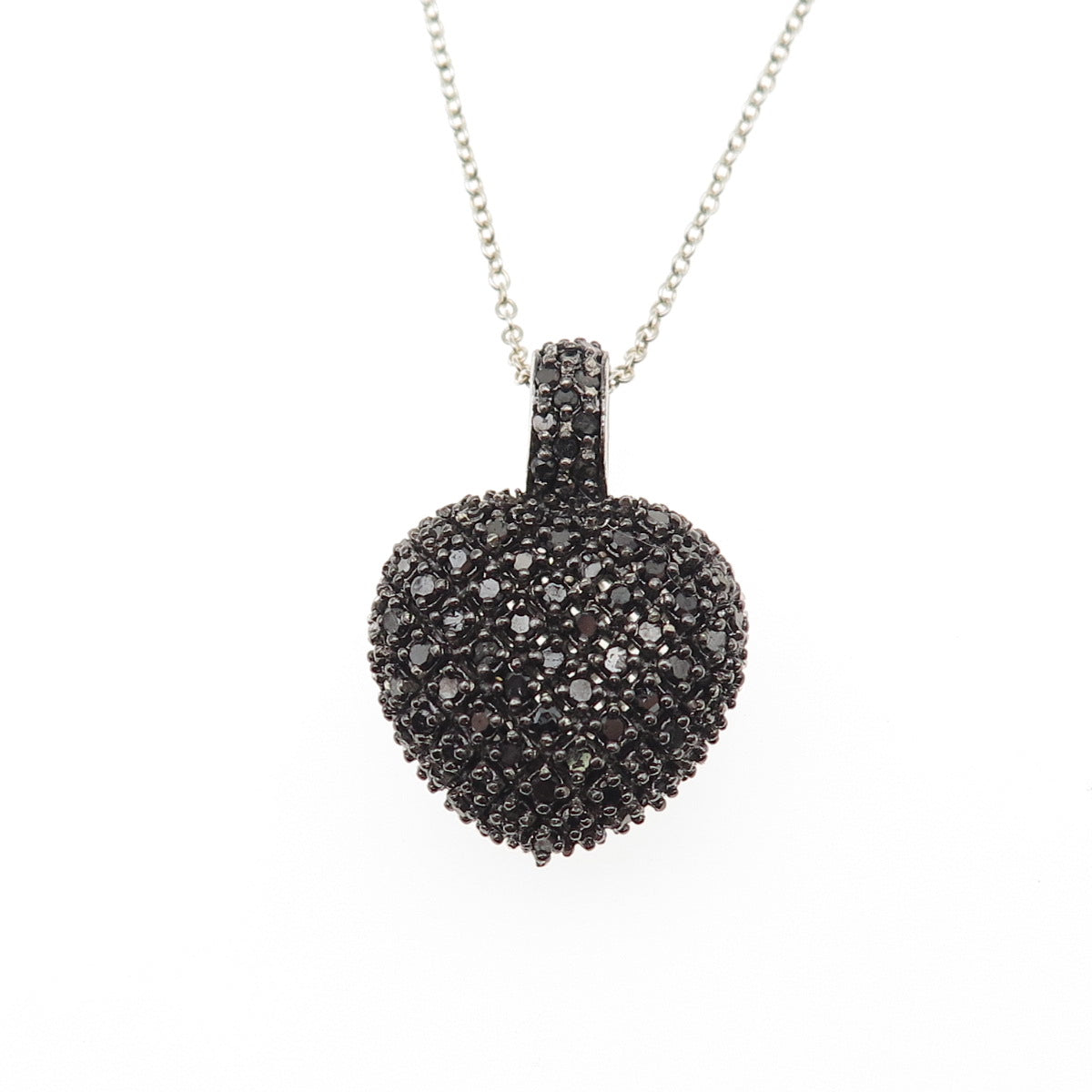 925 Sterling Silver Real Black & White Diamond Heart Cable Chain Necklace 18"