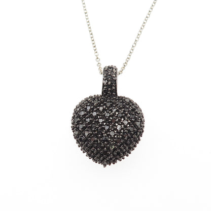 925 Sterling Silver Real Black & White Diamond Heart Cable Chain Necklace 18"