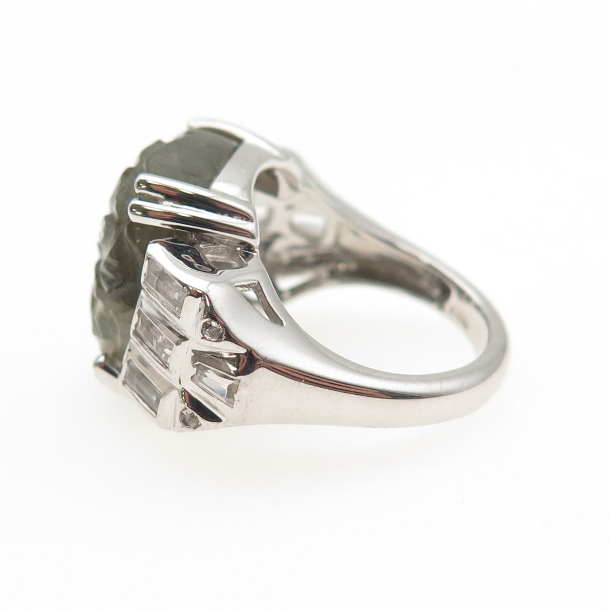 925 Sterling Silver Real Labradorite & White Topaz Carved Flower Ring Size 6.25