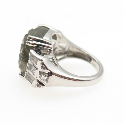 925 Sterling Silver Real Labradorite & White Topaz Carved Flower Ring Size 6.25