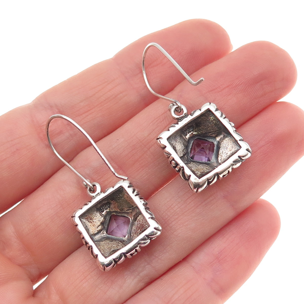925 Sterling Silver Vintage Real Amethyst Oxidized Dangle Earrings
