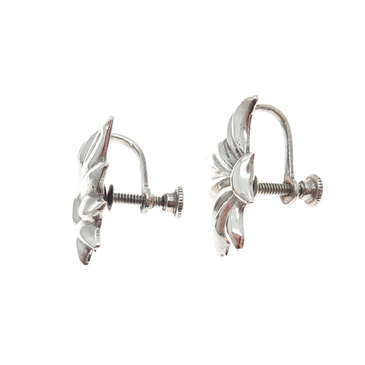 925 Sterling Silver Antique Art Deco Floral Repousse Screw Back Earrings