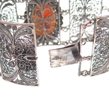 Silver-Tone Antique Art Deco Real MOP Cameo Filigree Panel Link Bracelet 8"