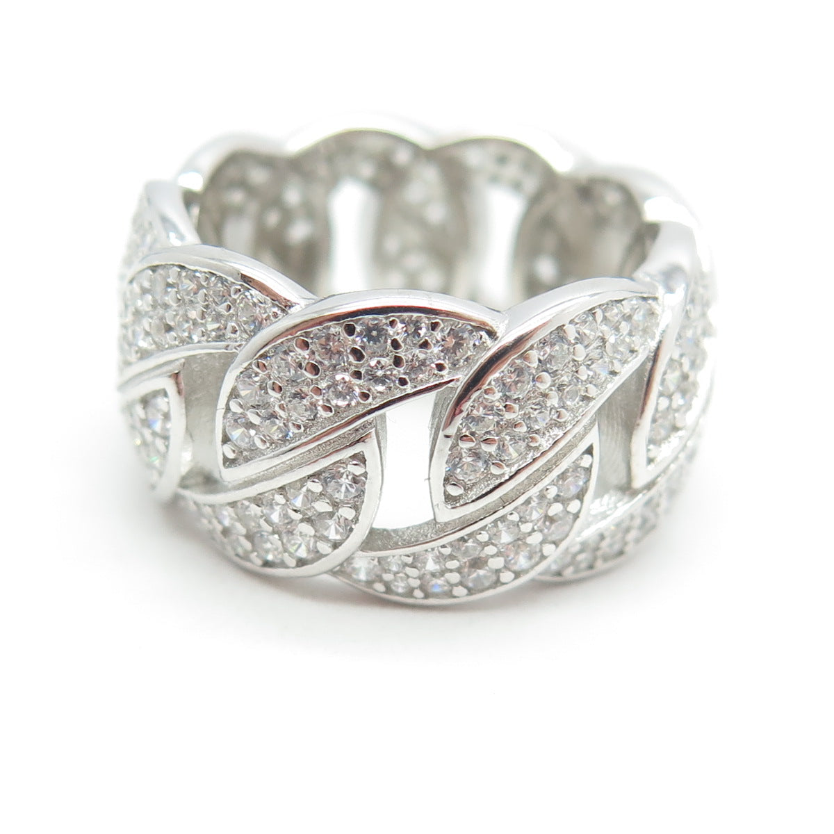 925 Sterling Silver Pave C Z Cuban Chain Band Ring Size 6.75