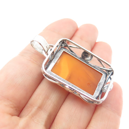 835 Silver Vintage European Real Butterscotch Amber Modernist Charm Pendant