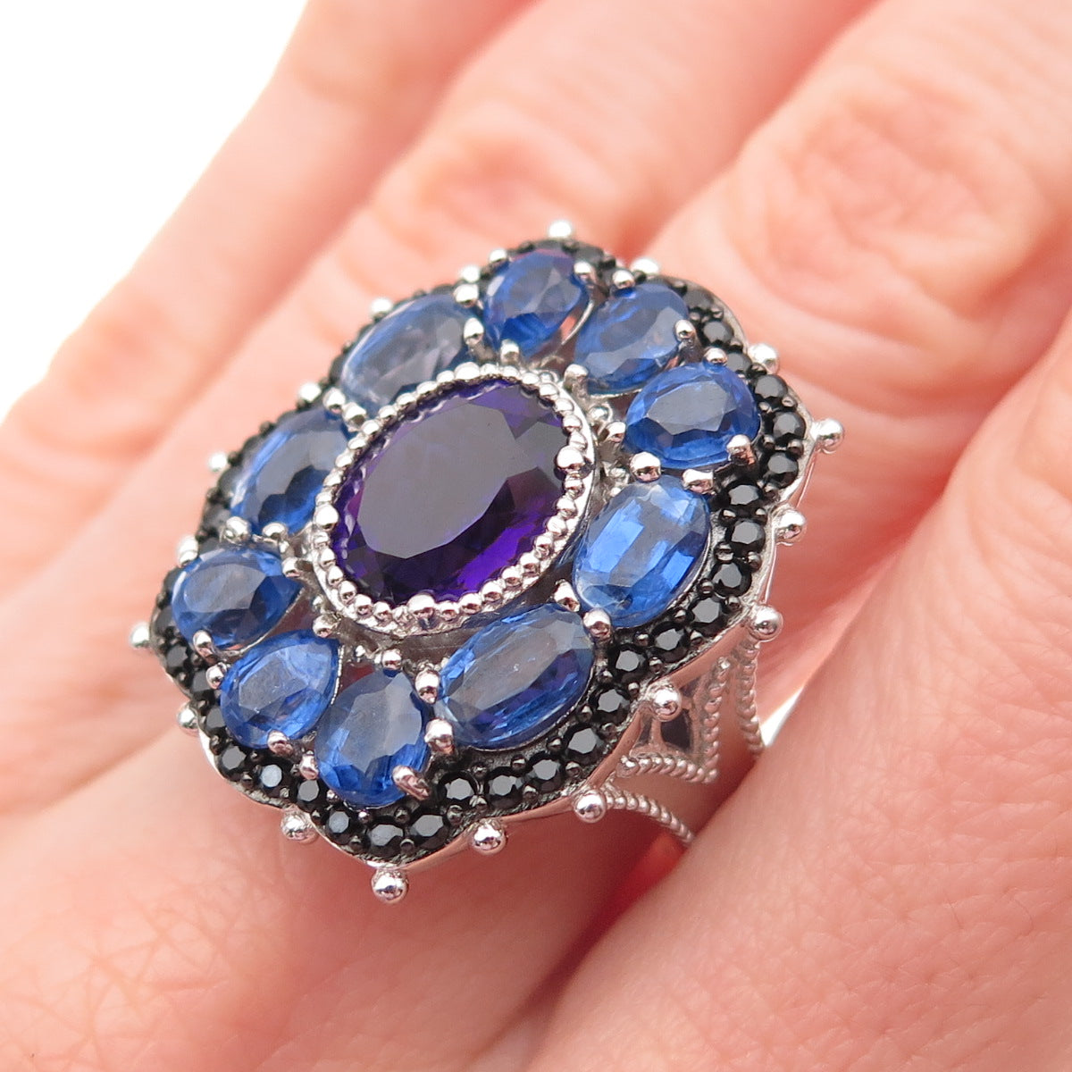 925 Sterling Silver Real Sapphire Amethyst & Black Spinel Cluster Ring Size 7