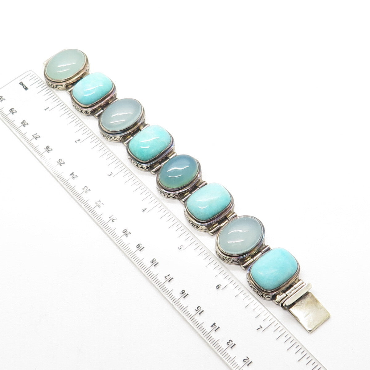 925 Sterling Silver Vintage Amazonite & Chalcedony Solid 102.5g Bracelet 6.5"