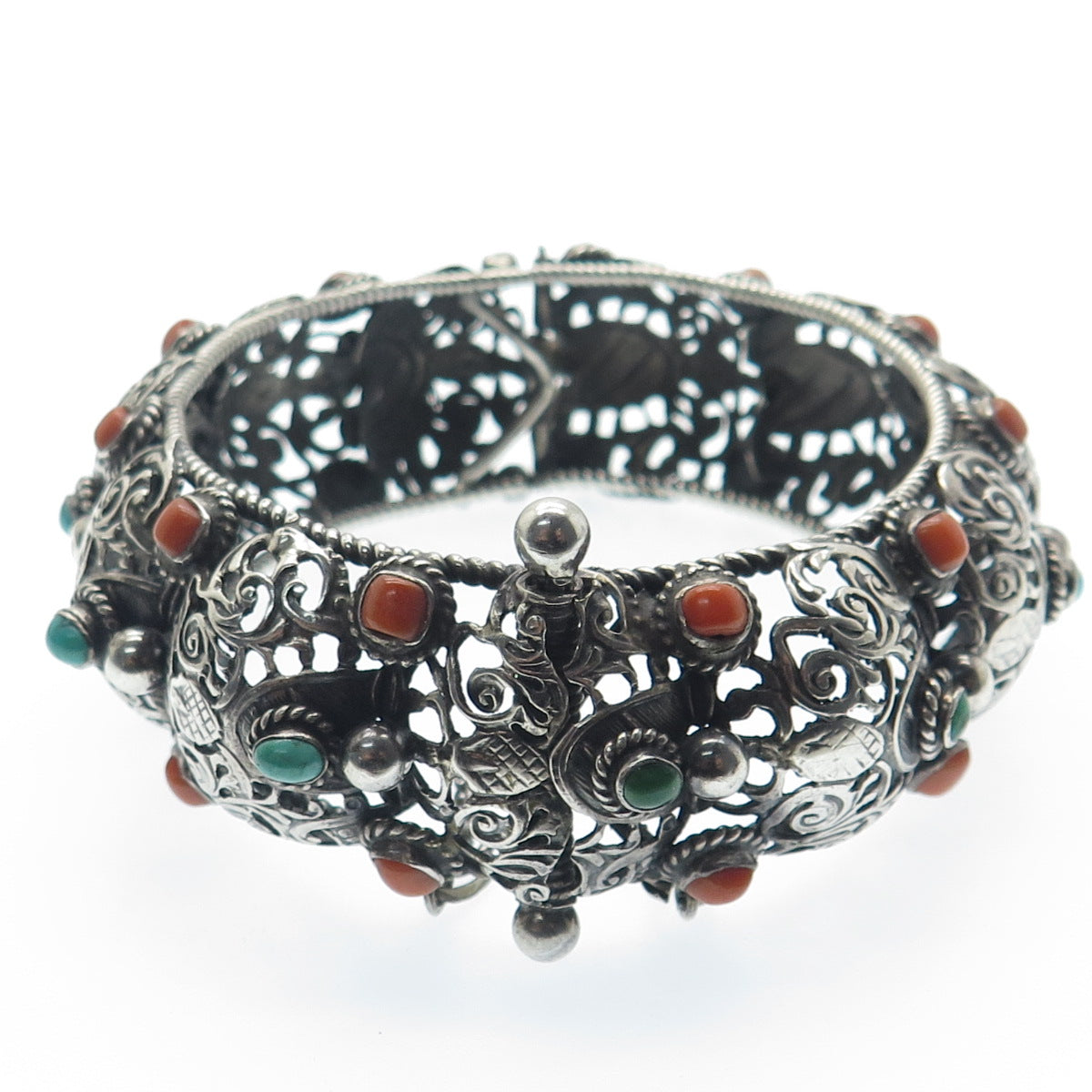 925 Sterling Silver Antique Real Turquoise Coral Floral Oxidized Bracelet 7.75"