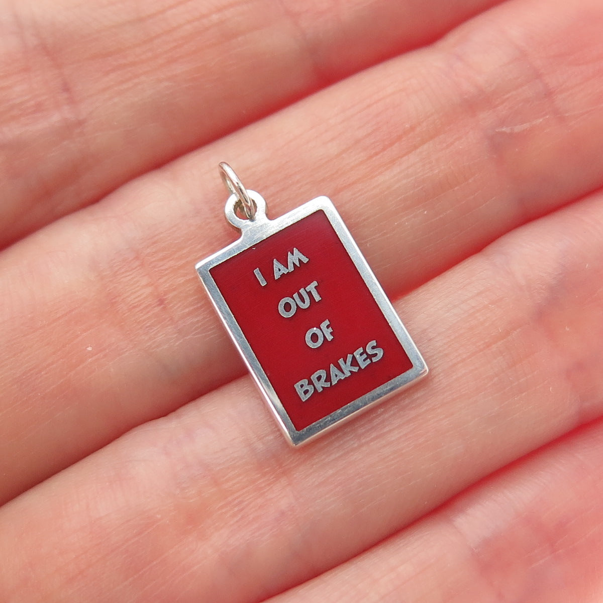 925 Sterling Silver Red Enamel I Am Out Of Brakes Minimalist Charm Pendant