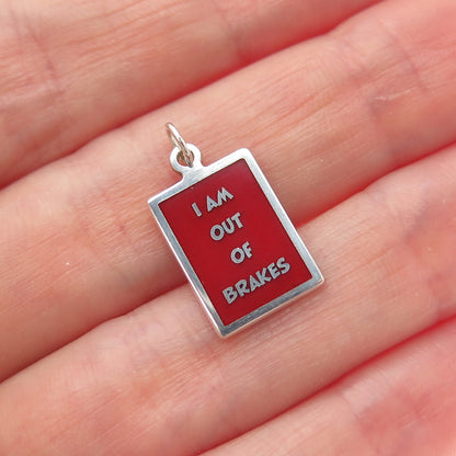 925 Sterling Silver Red Enamel I Am Out Of Brakes Minimalist Charm Pendant