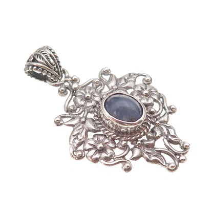 925 Sterling Silver Vintage Real Tanzanite Floral Oxidized Charm Pendant
