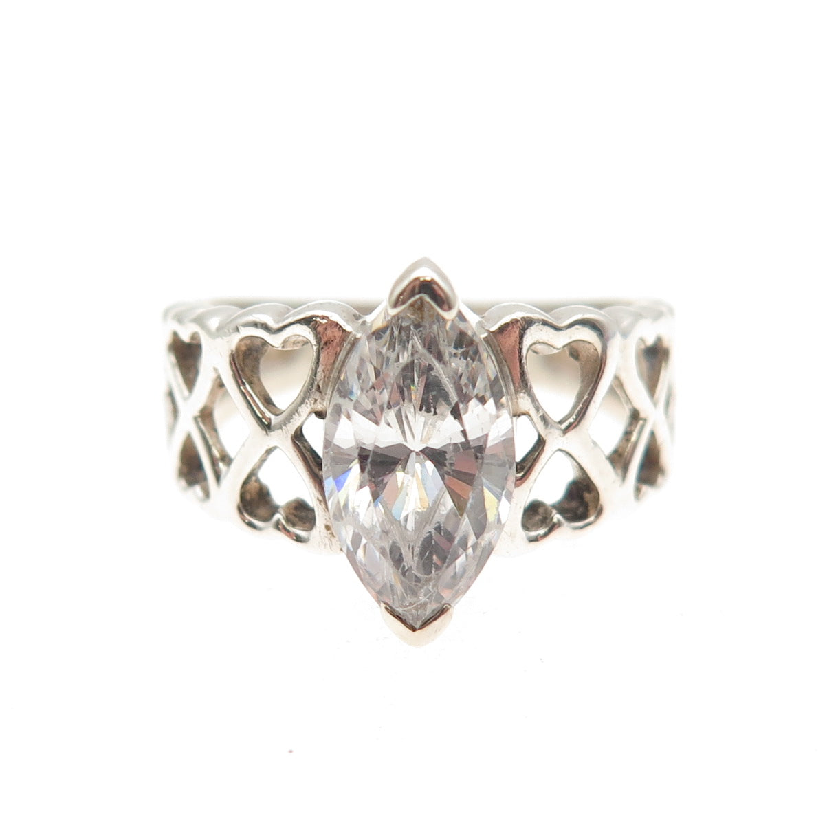 925 Sterling Silver Vintage Marquise-Cut C Z Heart Link Ring Size 6