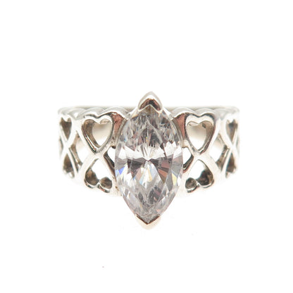 925 Sterling Silver Vintage Marquise-Cut C Z Heart Link Ring Size 6
