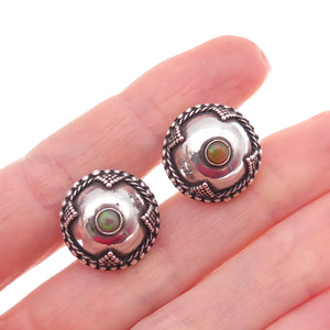925 Sterling Silver Vintage Real Opal Cross Dome Oxidized Earrings