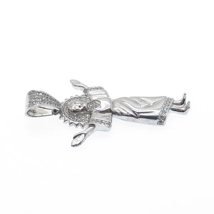 925 Sterling Silver Round-Cut C Z Jesus Charm Pendant