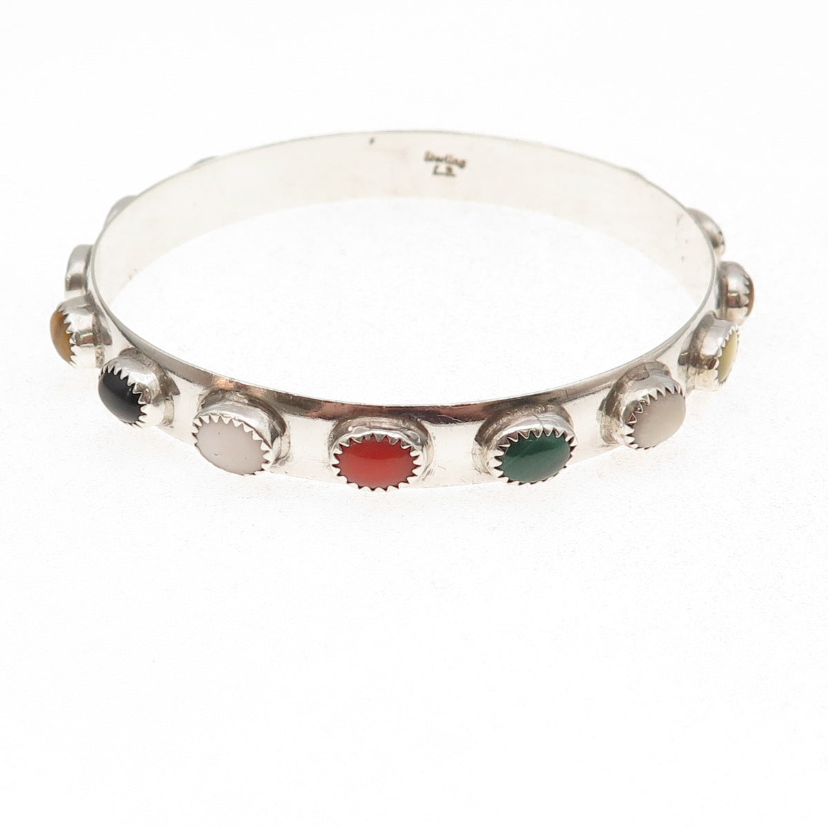Lenora Begay Navajo Old Pawn 925 Sterling Vintage Multi-Gem Bangle Bracelet 8"