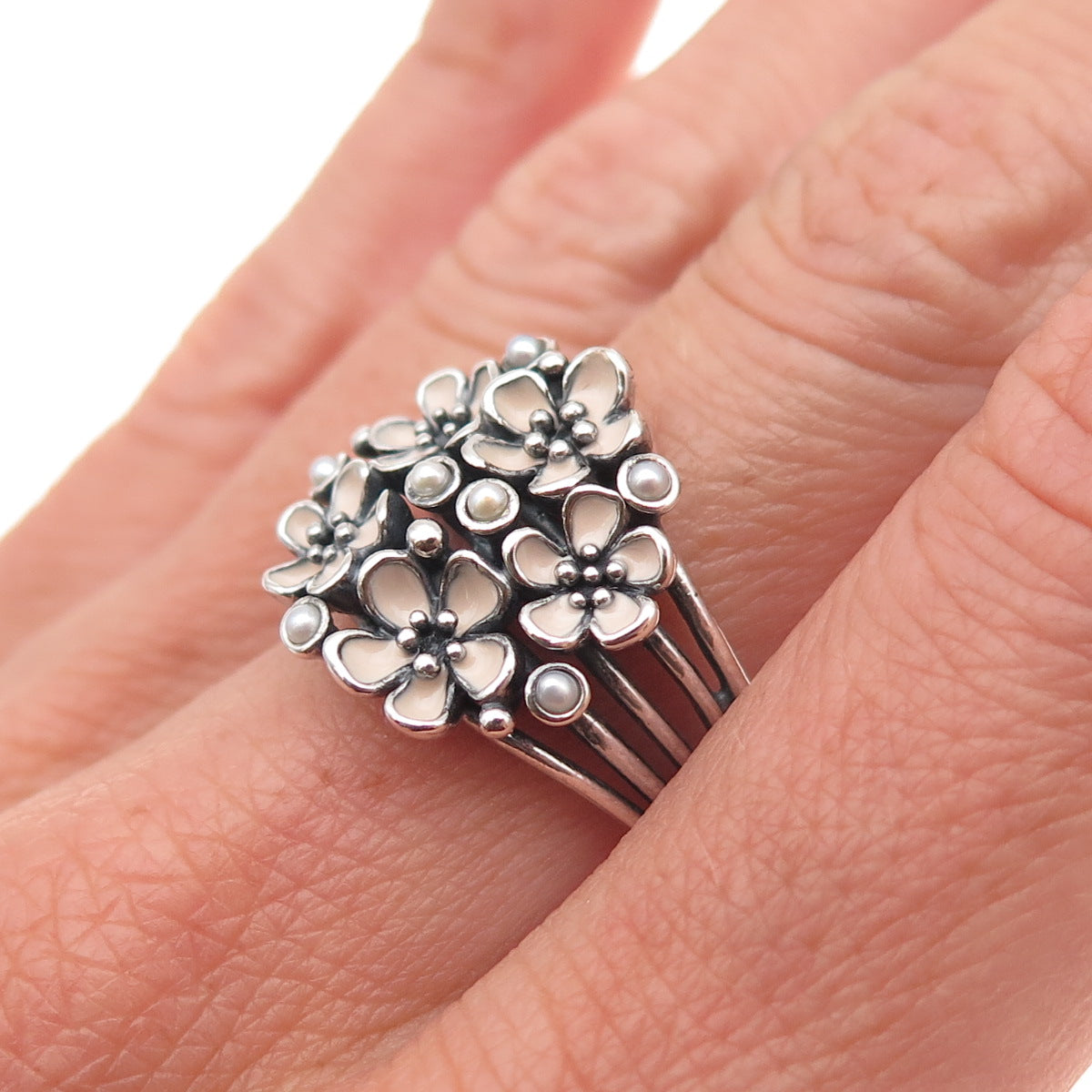 Pandora Sterling Silver Enamel Real Pearl Cherry Blossom Bouquet Ring Size 7.75