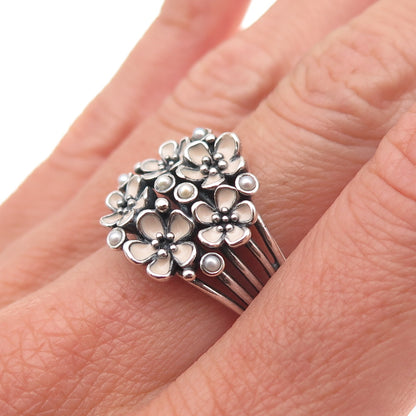 Pandora Sterling Silver Enamel Real Pearl Cherry Blossom Bouquet Ring Size 7.75