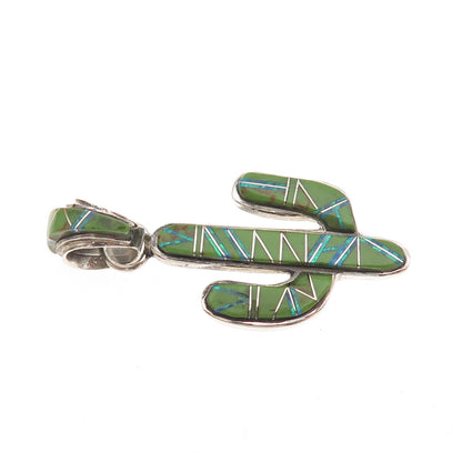 Old Pawn 925 Sterling Silver Vintage Southwestern Turquoise Opal Cactus Pendant