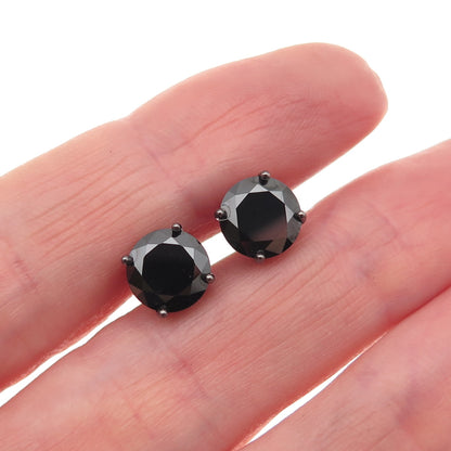 925 Sterling Silver Black Rhodium Round-Cut C Z Stud Earrings