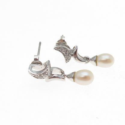 925 Sterling Silver Real Pearl & Round-Cut C Z Crescent Dangle Earrings