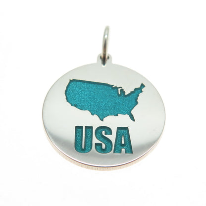 925 Sterling Silver Turquoise Enamel USA Map Round Tag Minimalist Charm Pendant