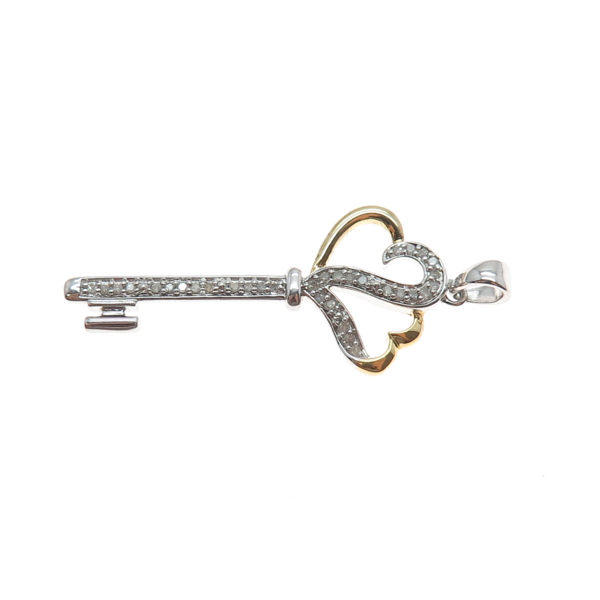925 Sterling Silver 2-Tone Real Round-Cut Diamond Couple Heart Key Charm Pendant