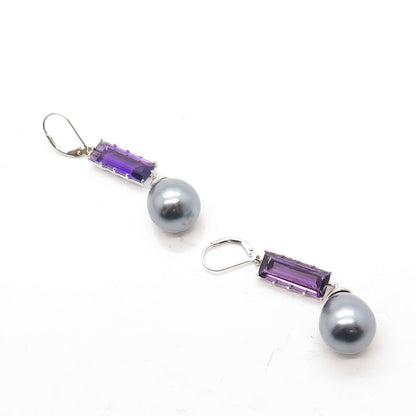 925 Sterling Silver Real Amethyst Gemstone & Faux Gray Pearl Dangling Earrings