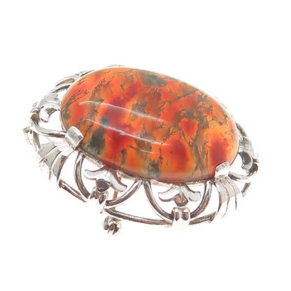835 Silver Vintage Netherlands Real Fire Agate Gem Ornate Frame Pendant / Brooch