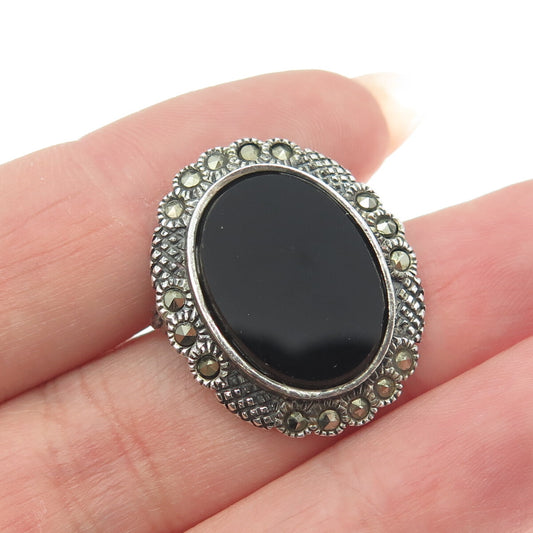 925 Sterling Silver Vintage Real Black Onyx & Marcasite Oval Floral Pin Brooch