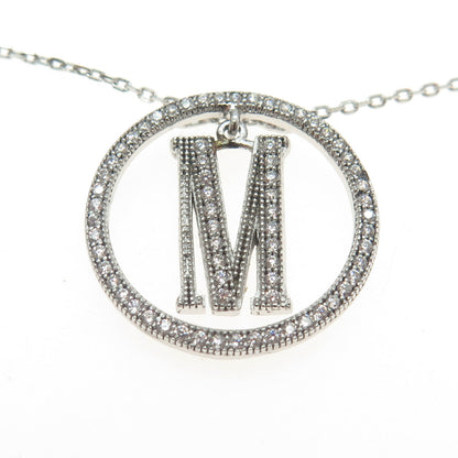 925 Sterling Silver Round-Cut C Z Letter "M" Initial Chain Necklace 16-18"