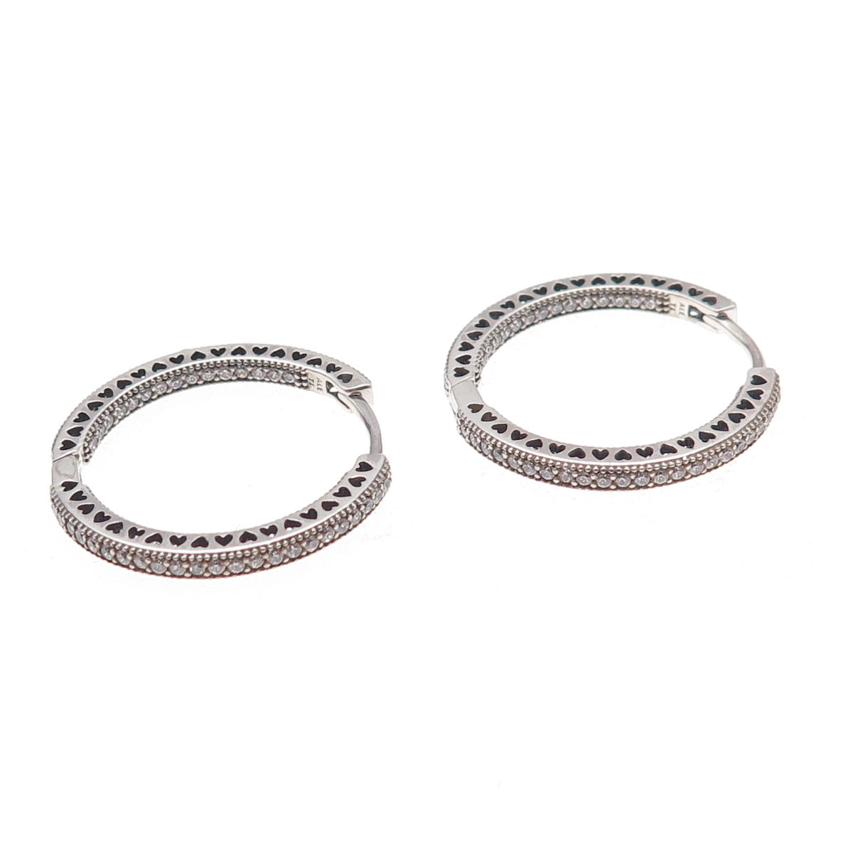 Pandora 925 Sterling Silver C Z Hearts In & Out Hoop Earrings
